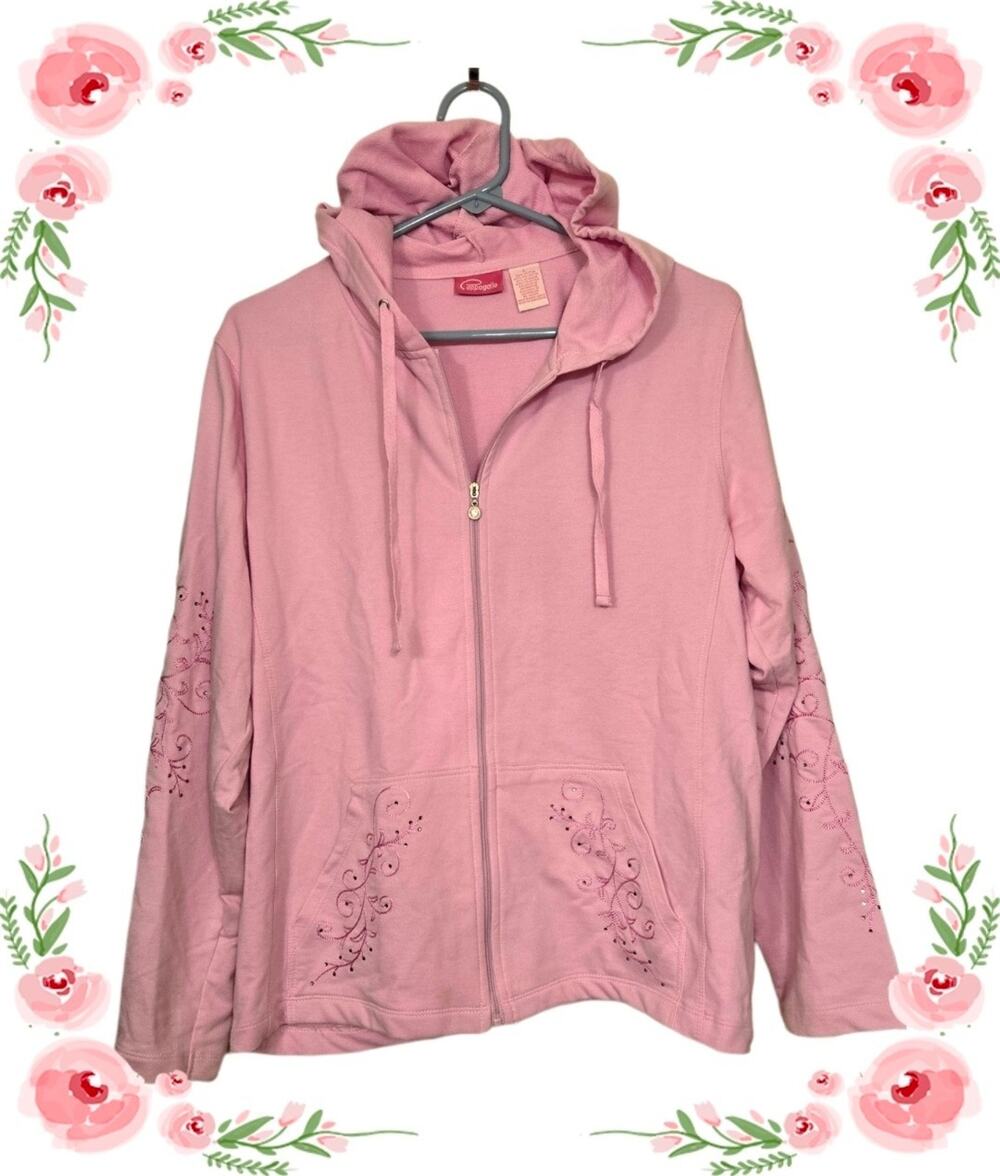 Vtg Y2K McBling Cappagallo Full Zip Rhinestone Hoodie Embellished Boho Pink Sz L